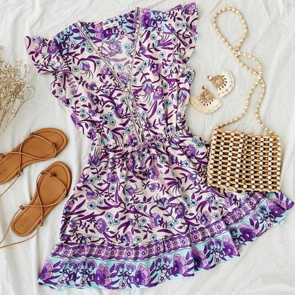 bohemian floral print v neck ruffle purple dress - Picture 8 of 16